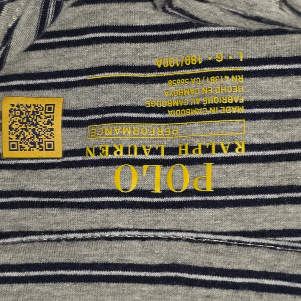 Polo Ralph Lauren Performance Mens Large Grey Blue Striped Pocket Polo Shirt